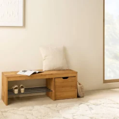 Banc à chaussures bois massif avec 1 cube de rangement Cyriel
