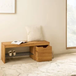 Banc à chaussures bois massif avec 1 cube de rangement Cyriel