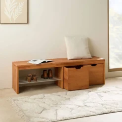 Banc à chaussures bois massif avec 2 cubes de rangement Cyriel