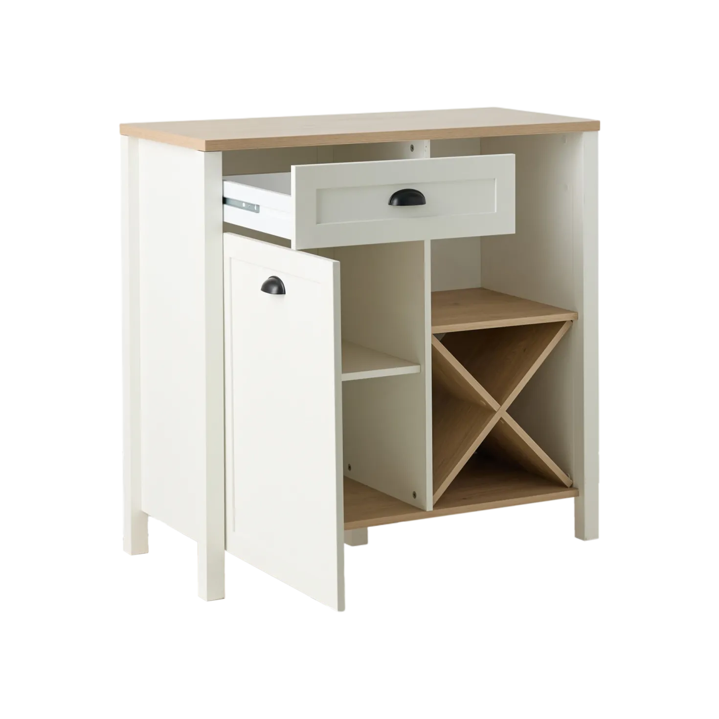 Buffet bas blanc et décor bois 1 porte 1 tiroir 94,5 cm Pivoine