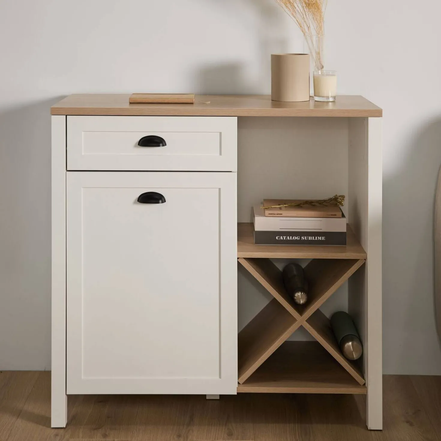 Buffet bas blanc et décor bois 1 porte 1 tiroir 94,5 cm Pivoine