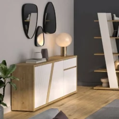 Buffet décor bois et blanc 3 portes 1 tiroir 185 cm Gustave