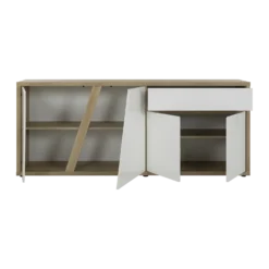Buffet décor bois et blanc 4 portes 1 tiroir 213 cm Gustave