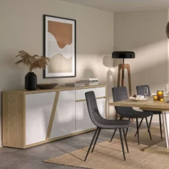 Buffet décor bois et blanc 4 portes 1 tiroir 213 cm Gustave