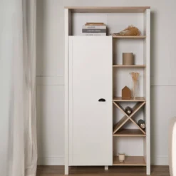 Buffet haut blanc et décor bois 1 porte Pivoine