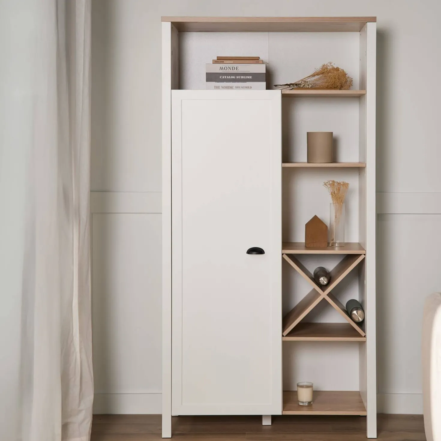 Buffet haut blanc et décor bois 1 porte Pivoine