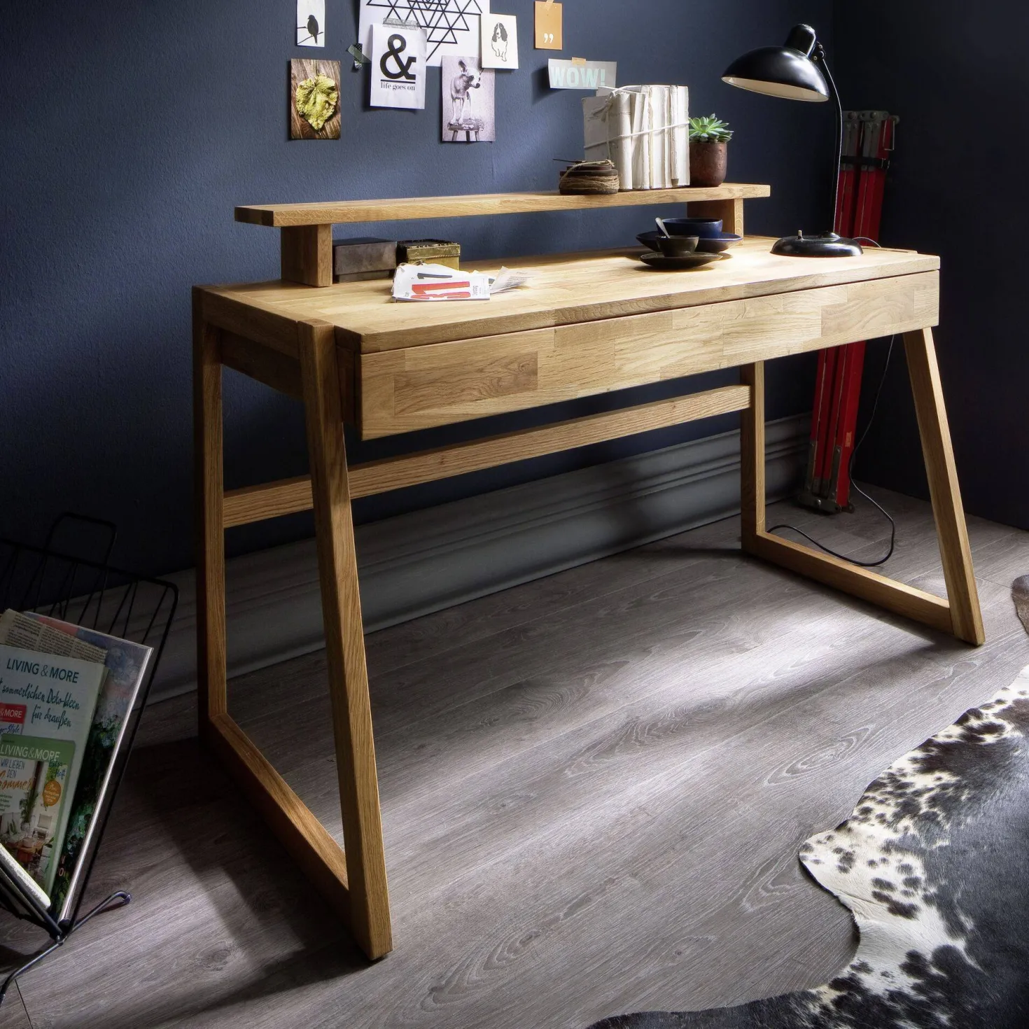 Bureau avec tablette en chêne massif Cyriel