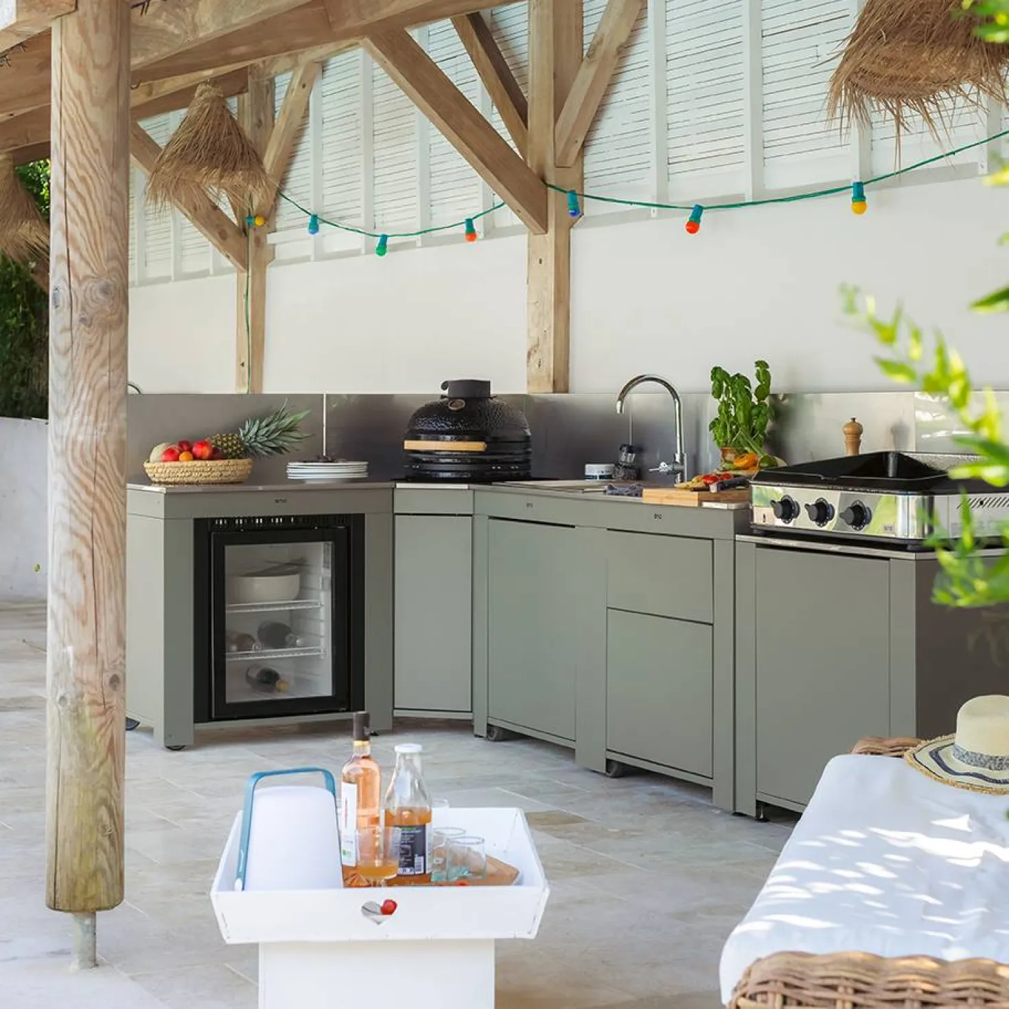 ENO Cuisine 5 modules avec évier et réfrigérateur Comfort Sauge