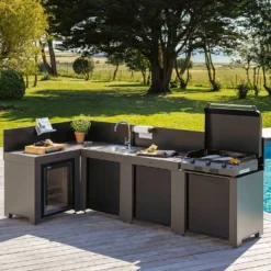 ENO Cuisine 4 modules avec évier et réfrigérateur Comfort Gris Cargo