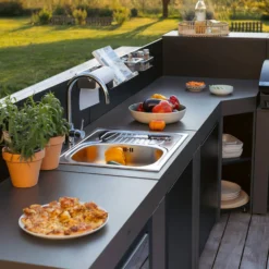 ENO Cuisine 4 modules avec évier et réfrigérateur Comfort Gris Cargo