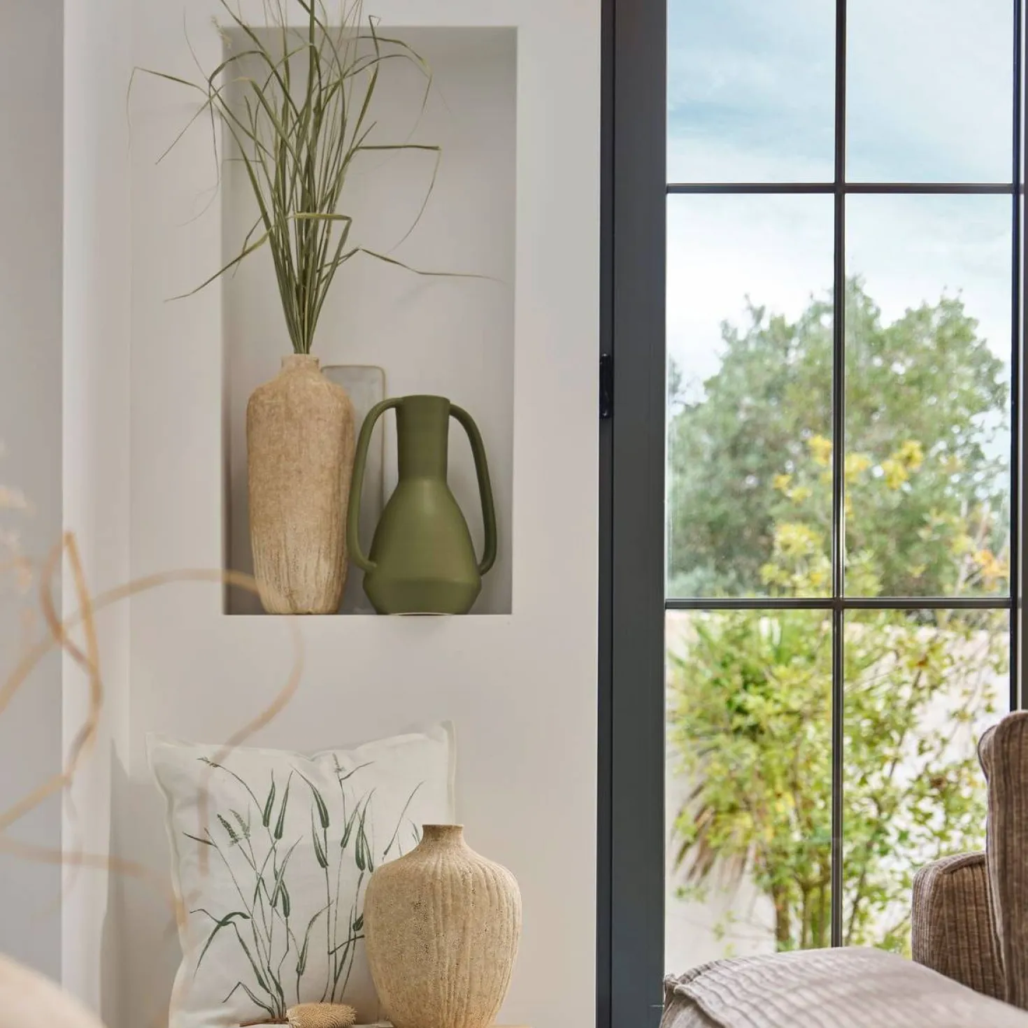 Grand vase céramique déco texturé beige 36 cm Siméon