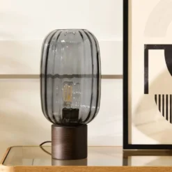 Lampe à poser en verre fumé pied bois foncé Célian