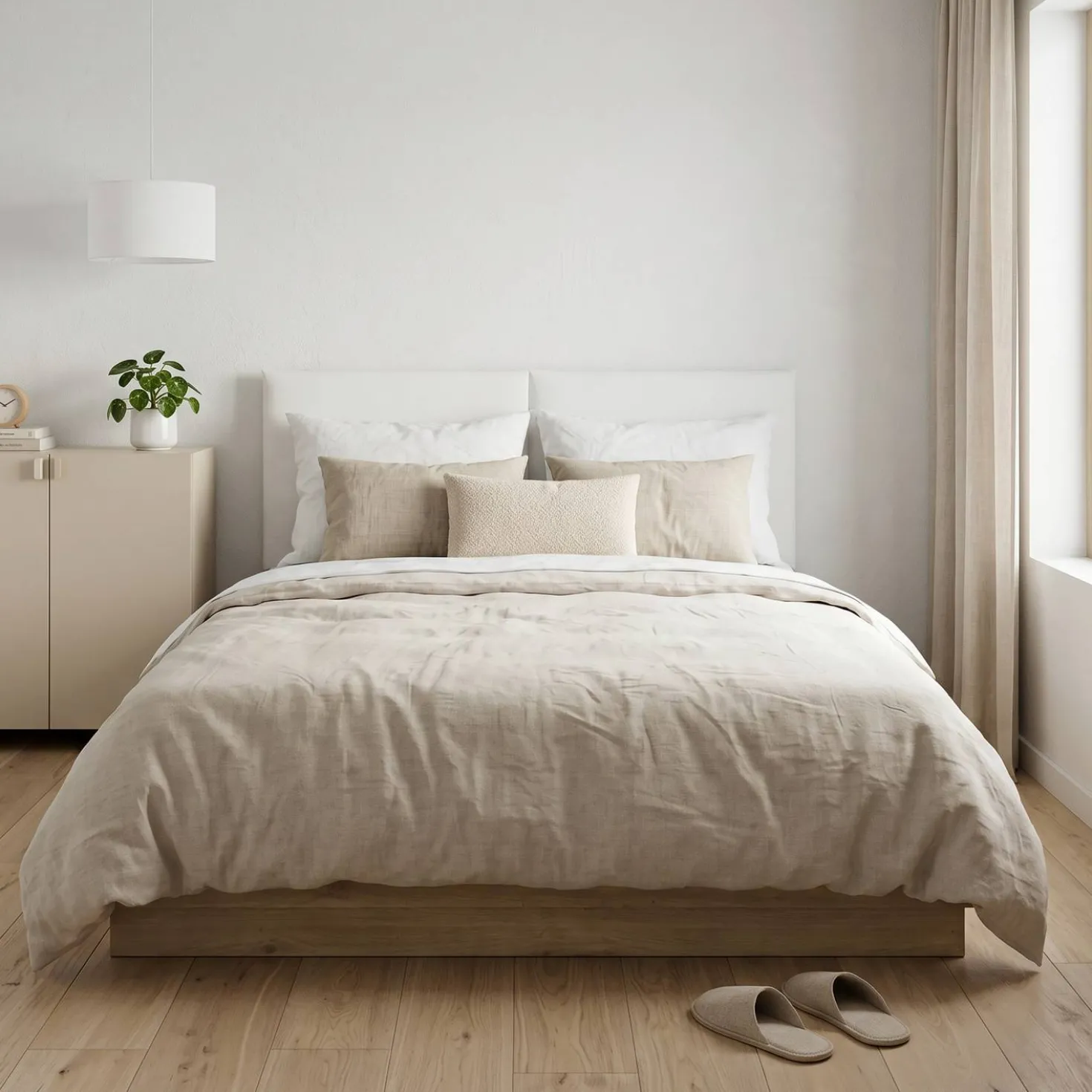 Lit coffre décor bois avec tête de lit tissu Géorgia