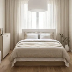 Lit coffre décor bois avec tête de lit tissu Géorgia