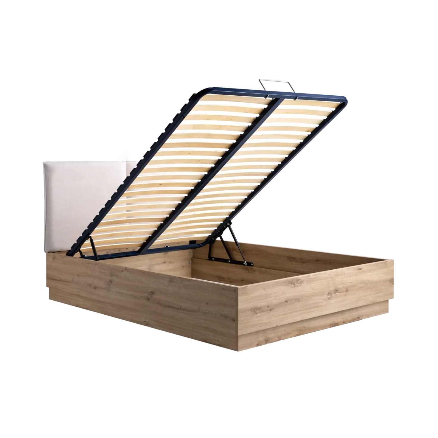 Lit coffre décor bois avec tête de lit tissu Géorgia