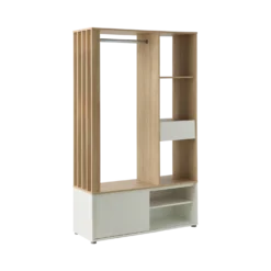 Meuble d'entrée vestiaire blanc et décor bois Paul
