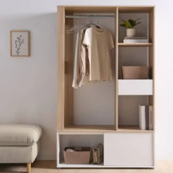 Meuble d'entrée vestiaire blanc et décor bois Paul