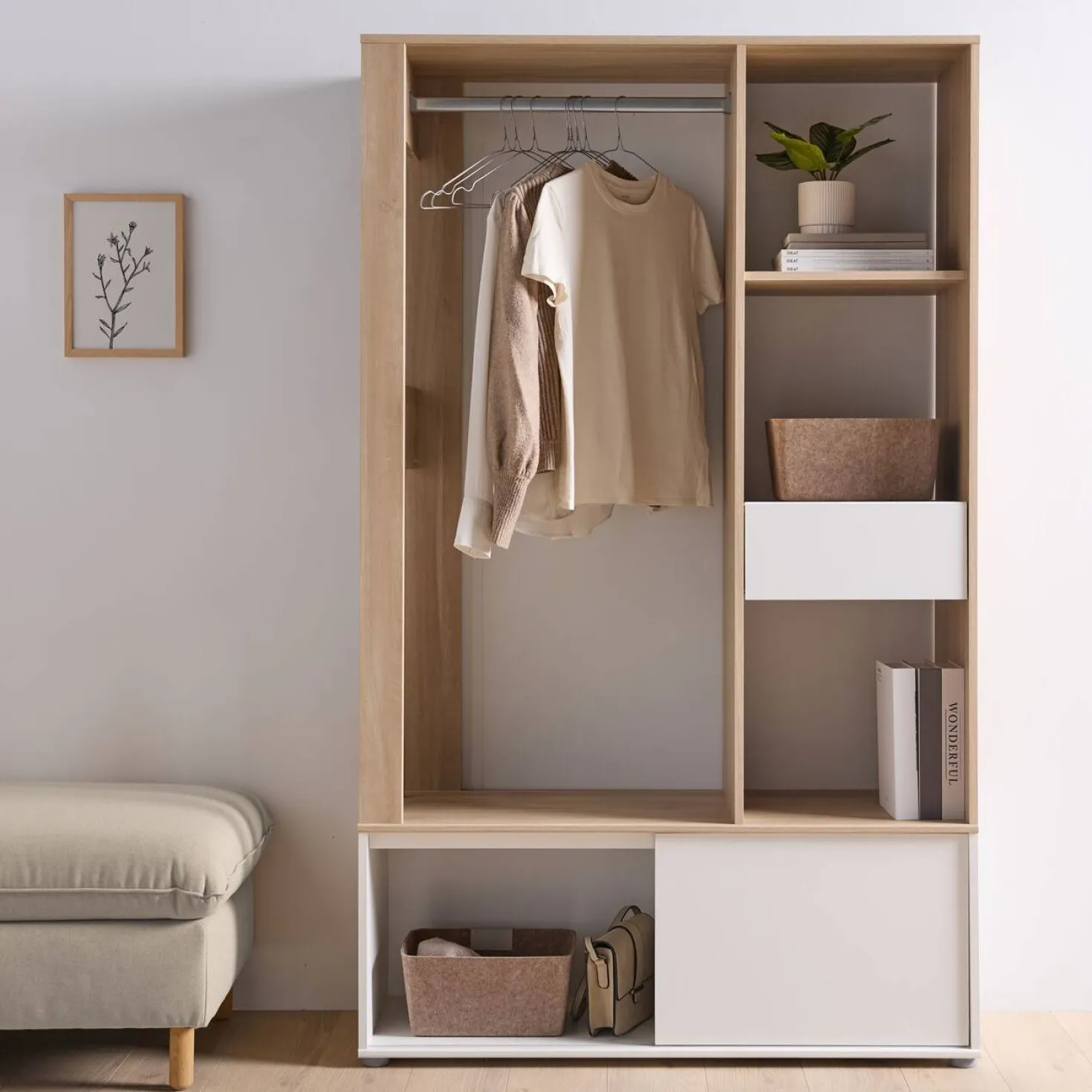Meuble d'entrée vestiaire blanc et décor bois Paul