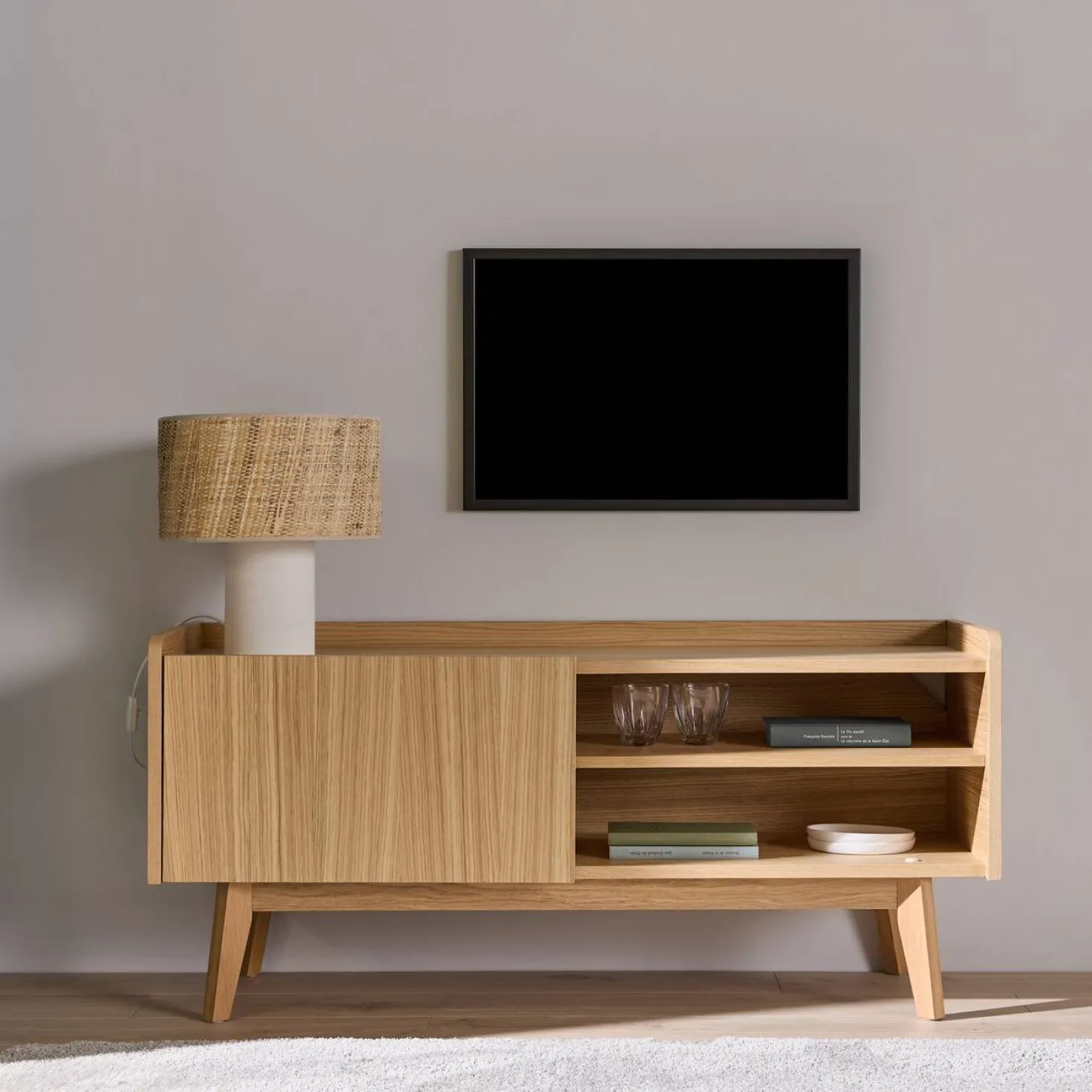 Meuble TV avec porte et niche bois Agatha