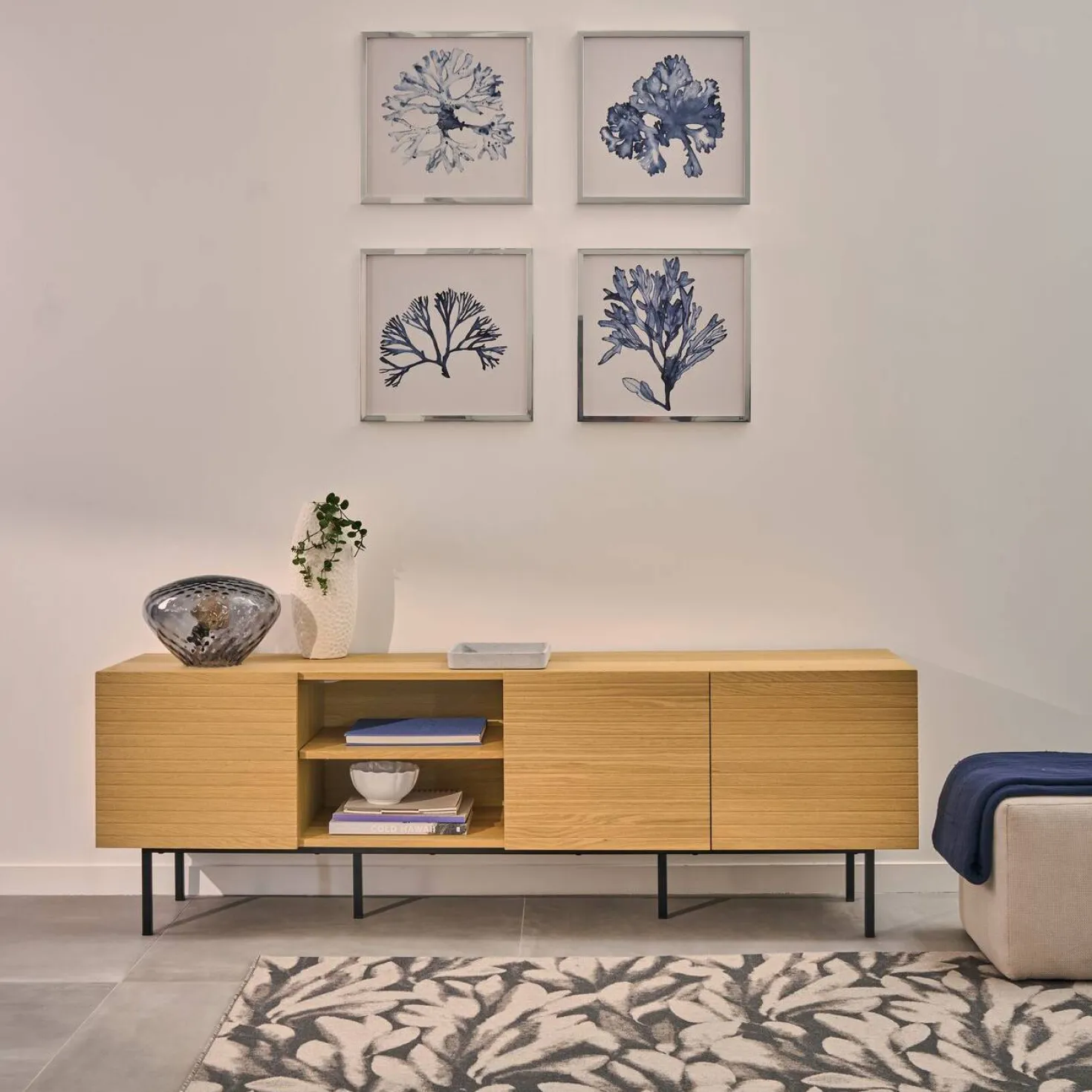 Meuble TV 3 portes bois pieds métal Alex