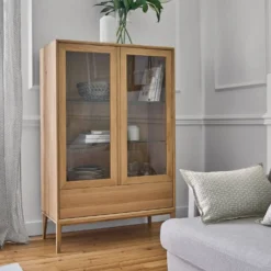 Meuble vitrine led chêne massif 2 portes 1 tiroir Charles