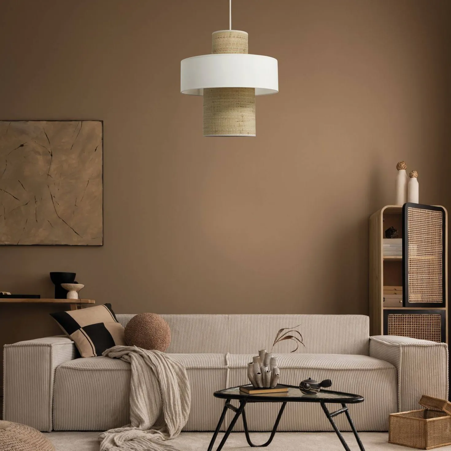 Suspension tube jute naturelle et blanc Solange