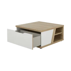 Table basse carrée décor bois et blanc avec tiroir Gustave