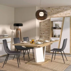 Table à manger rectangulaire extensible décor bois et blanc 8 à 10 personnes Gustave